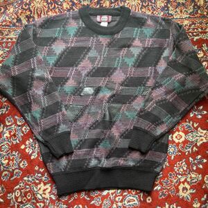 VTG Chiamare Sweater Mens M Black Green Purple Leather Wool Knit Sweatshirt 90s